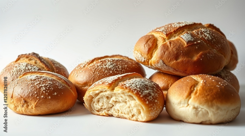 Freshly Baked Soft Bread Rolls with a Dusting of Flour on a White Background Freshly Baked Soft Bread Rolls with a Dusting of Flour on a White Background