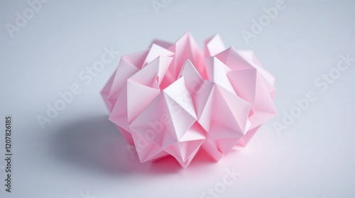Geometric pink origami sculpture with intricate folds on a clean white background