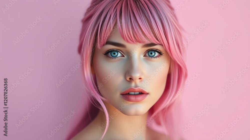 Close-up Portrait of a Young Woman with Pink Hair and Blue Eyes Against a Soft Pink Background Close-up Portrait of a Young Woman with Pink Hair and Blue Eyes Against a Soft Pink Background
