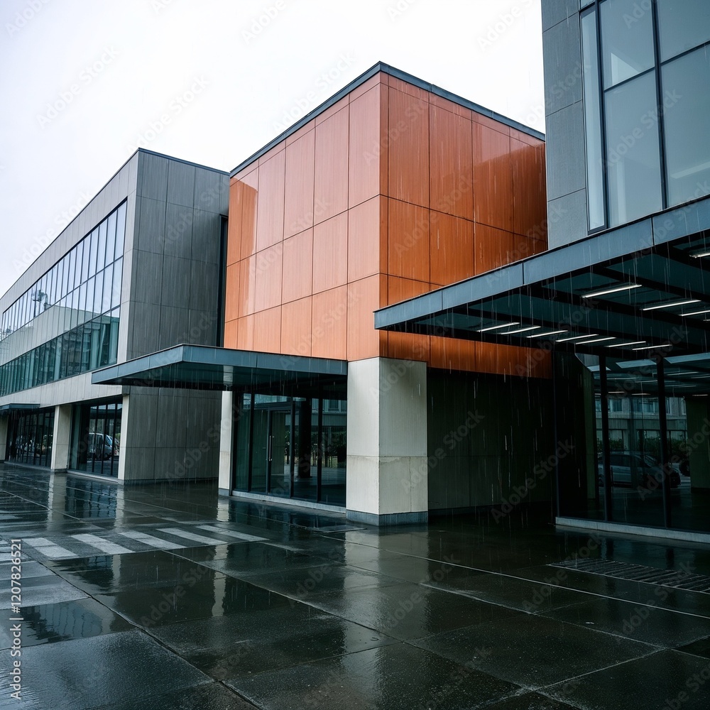 Obraz premium Modern architectural building with sleek design and rain-soaked pavement in a contemporary setting
