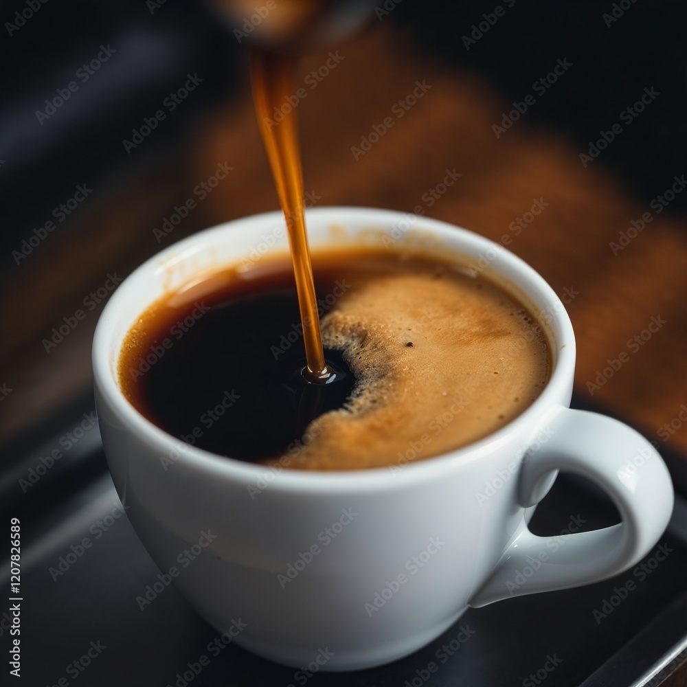 Close-up of freshly brewed coffee being poured into a white cup, capturing rich aroma and warmth Close-up of freshly brewed coffee being poured into a white cup, capturing rich aroma and warmth