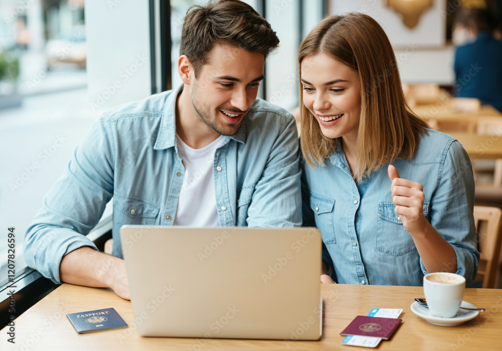Fototapeta premium Young smiling couple using laptop, planning vacation trip, booking hotel or tickets online in cafe with passports and flight tickets
