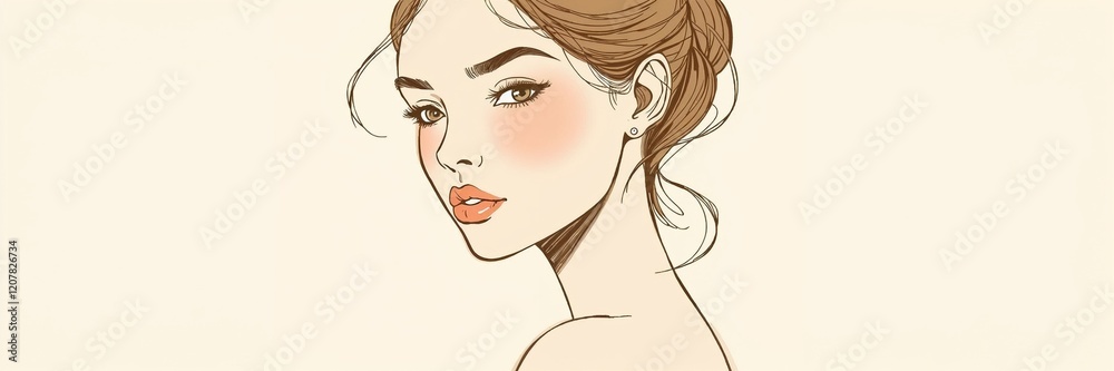 Stylish portrait of a young woman with soft features and elegant hairstyle in minimalistic illustration
Stylish portrait of a young woman with soft features and elegant hairstyle in minimalistic illustration