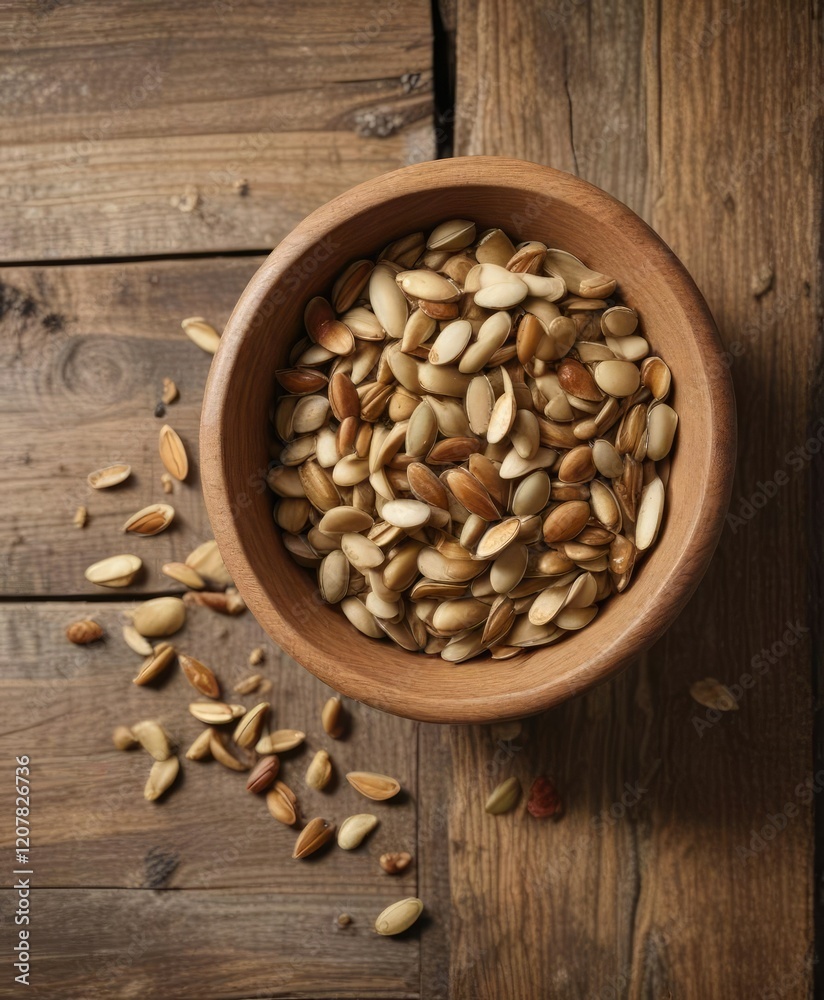 Autumnal still life of a bowl filled with roasted pumpkin seeds on a worn wooden plank, autumnal, bowl, roasted Autumnal still life of a bowl filled with roasted pumpkin seeds on a worn wooden plank, autumnal, bowl, roasted