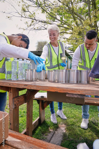 Group of volunteers preparing canned food for donation at table outdoors photo