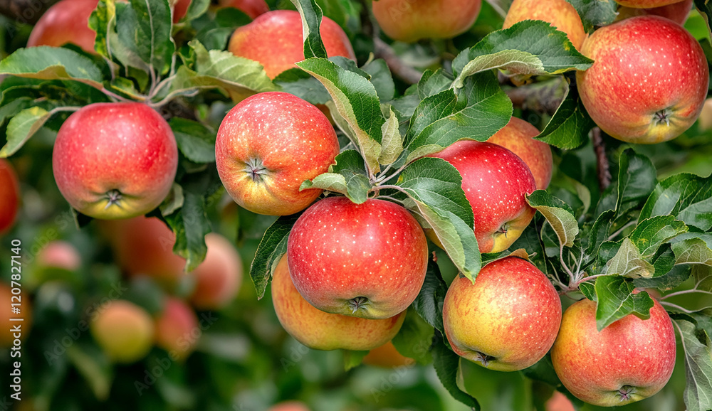 Obraz premium Red apples on an apple tree in an orchard