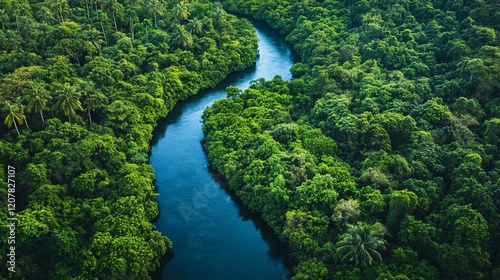 Aerial View of Serene River Winding Through Lush Tropical Rainforest Canopy