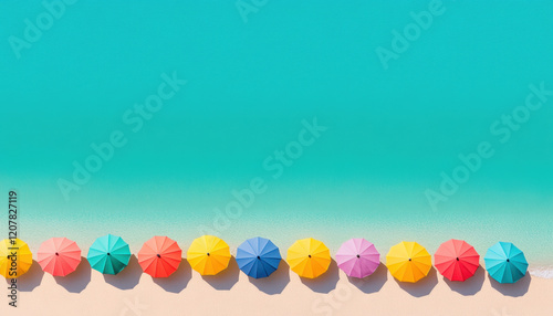Colorful umbrellas line tropical beach, creating vibrant scene against turquoise water. bright colors contrast beautifully with sandy shore, evoking sense of relaxation and joy