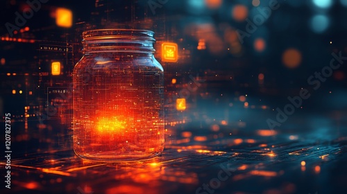 Illuminated jar with glowing abstract elements in a digital environment at night