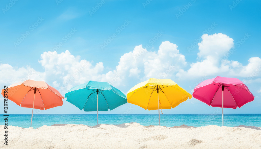 Colorful umbrellas on tropical beach with clear blue sky and soft sand create vibrant and relaxing atmosphere. Enjoy sunny day by ocean Colorful umbrellas on tropical beach with clear blue sky and soft sand create vibrant and relaxing atmosphere. Enjoy sunny day by ocean