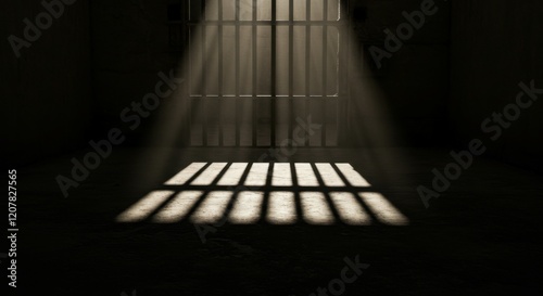 Dramatic shadows cast by sunlight through iron bars, highlighting the bleakness of a prison cell.
