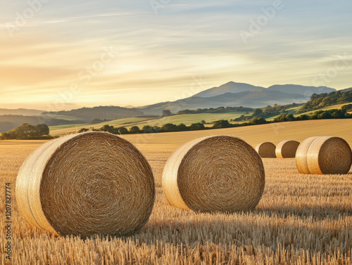 Scenic rural landscape with hay bales in golden fields at sunset, showcasing rolling hills and mountains in background, evoking sense of tranquility and natural beauty