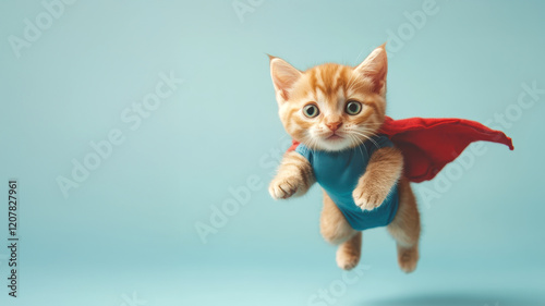 Cute ginger kitten dressed as a superhero, wearing a red cape and blue suit, flying with a playful and heroic expression.