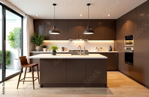 Contemporary 2025 Mocha Mousse color, Mocha Mousse chocolate shades. Elegant and cozy kitchen design with marble countertops and gold elements