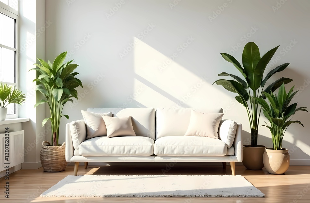 Naklejka premium Cozy living room with comfortable sofa, decorative pillows, table and flowers in 2025 tones - Mocha Mousse