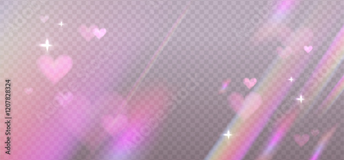 Iridescent crystal leak glare reflection effect. Optical rainbow ray lights, glare, leak, streak overlay. Vector colorful lenses and light flares with transparent effects on light background.