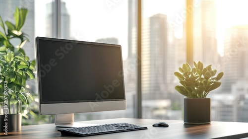 A sleek office interior featuring a CEO desk positioned near a large window, complemented by a PC computer and a modern shelf, all set against a contemporary and stylish backdrop. photo