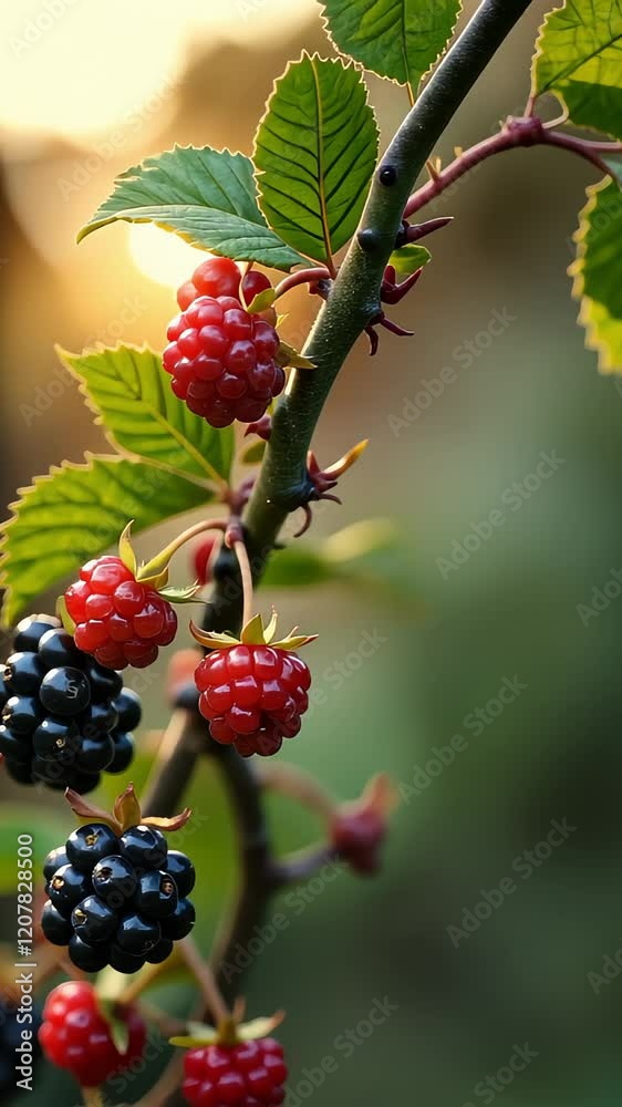 Vibrant blackberries and raspberries on branch in sunlit garden scene Vibrant blackberries and raspberries on branch in sunlit garden scene