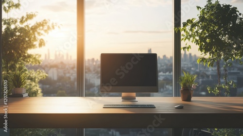 A sleek office interior featuring a CEO desk positioned near a large window, complemented by a PC computer and a modern shelf, all set against a contemporary and stylish backdrop. photo