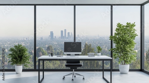 A sleek office interior featuring a CEO desk positioned near a large window, complemented by a PC computer and a modern shelf, all set against a contemporary and stylish backdrop. photo