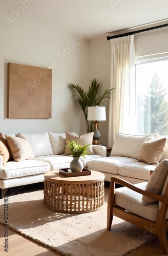 Boho bedroom interior. Wooden photo frame layout on old bedside table. Vase with dry grass Bed linen made of beige linen