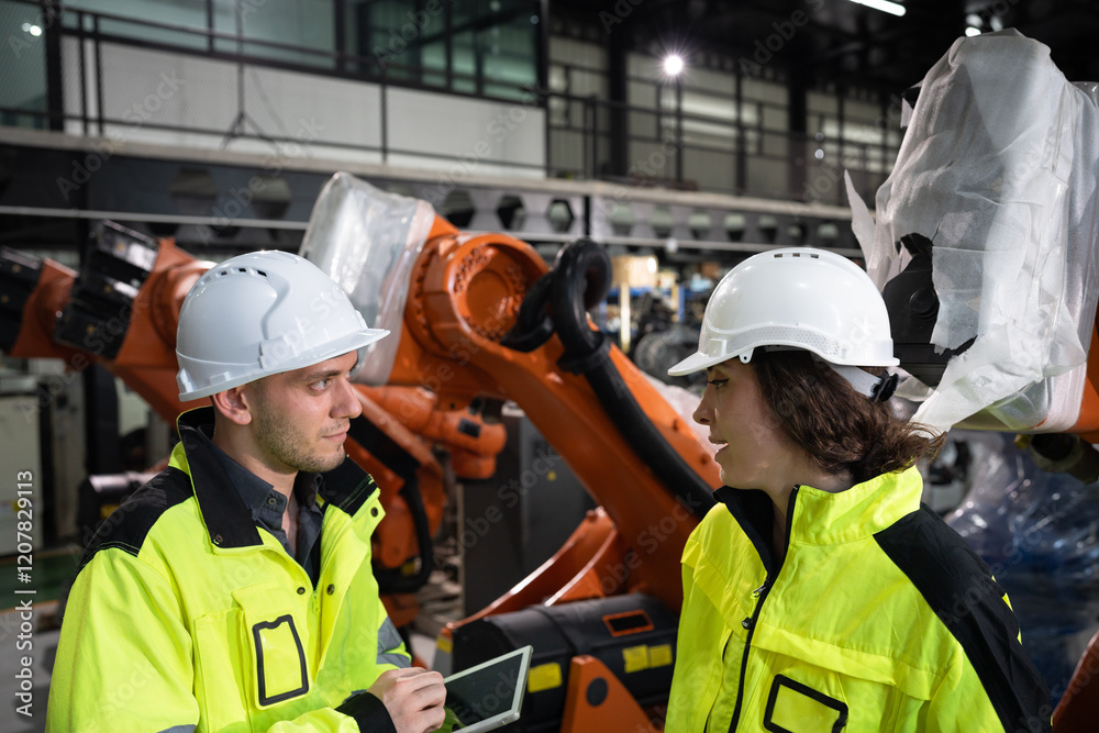 Engineer Caucasian male and female checking a robot arm with a digital tablet Engineer Caucasian male and female checking a robot arm with a digital tablet