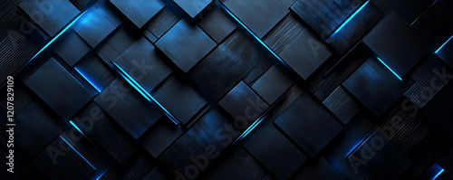 Dark carbon fiber blocks with distinct angles and vibrant blue accents create modern abstract pattern