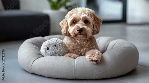 Dog relaxing on a cozy pet bed with a plush toy in a modern living room setting