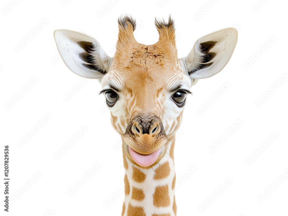 Naklejka premium Playful giraffe portrait, close-up, sticking tongue out, isolated on white background, adorable, funny, wild animal.