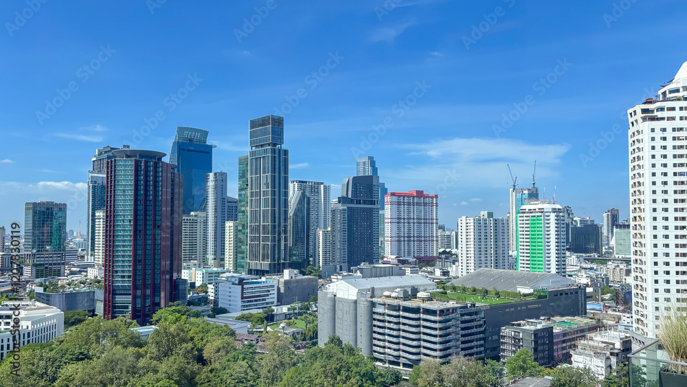 Aerial view of skyline Bangkok city, Thailand with blue sky Aerial view of skyline Bangkok city, Thailand with blue sky