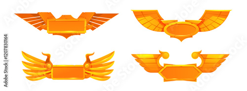 Winged game emblems or empty frames. Vector isolated set of empty golden banners or badges for menu or playing UI interface. Gold shields with wings, achievement or level rank displaying