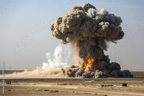 An explosion with a massive cloud of smoke and ash, smoke plume, explosive cloud, pollution, explosive energy release, destructive force