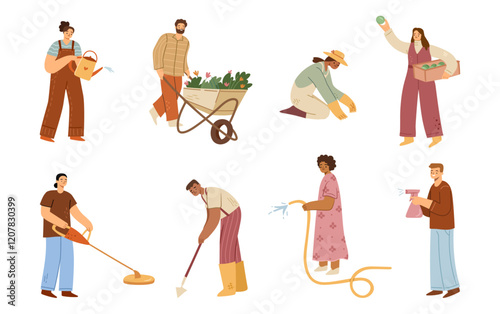 People doing gardening and farming chores and daily activities. Vector in flat style, isolated men and women with tools for work. Watering hose and can, wheelbarrow and hoe for reducing from weeds