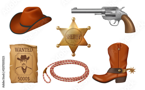 Wild west, realistic icons for game design. Vector realistic gangster items. Badge of sheriff with star, handgun revolver and hat, lasso and boots. Poster with wanted criminal, adventures