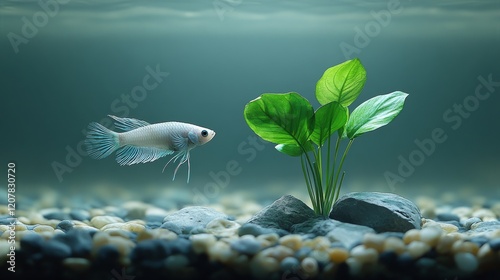 Unique aquascape design featuring a goldfish swimming amidst natural elements...