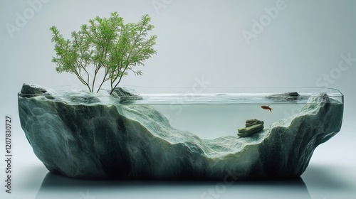 Unique aquascape design featuring a goldfish swimming amidst natural elements...