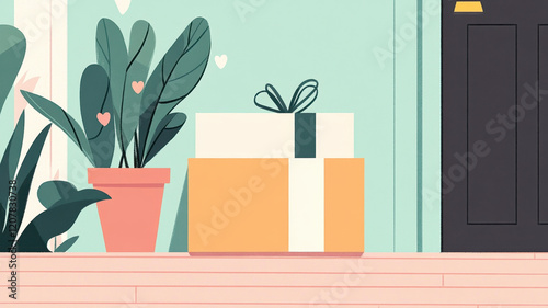 package is placed on porch, surrounded by decorative plants, creating welcoming atmosphere. scene conveys sense of anticipation and warmth