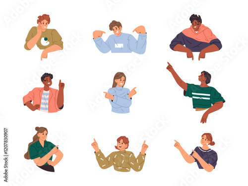 Young diverse people pointing fingers at different direction, showing or pointing. Vector isolated set of characters with cheerful facial expression, giving advice or recommendation, announcement