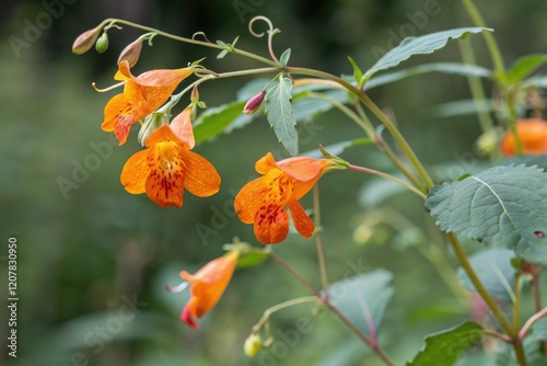 Close-up shot of orange jewelweed flowers with prominent stamens and pistils, botanical macro, nature photography, orange jewelweed, riverbank flora, plant life