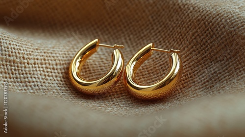 Elegant gold hoop earrings placed on a textured fabric background displaying ...