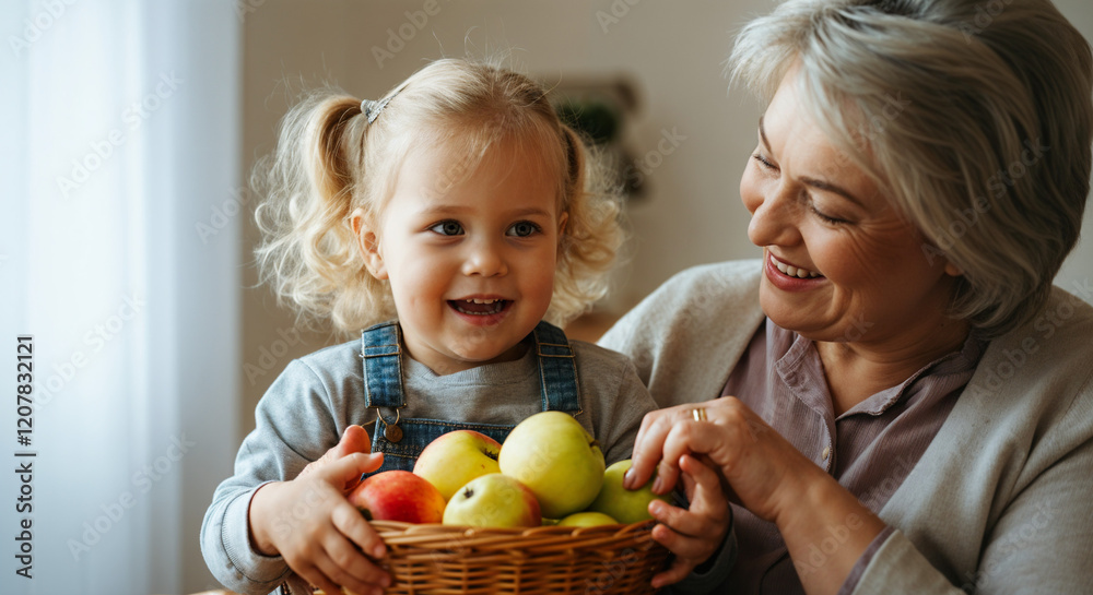 Grandmother and granddaughter smiling and sharing a wicker basket full of ripe apples Grandmother and granddaughter smiling and sharing a wicker basket full of ripe apples