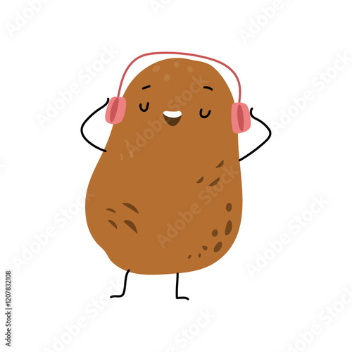 Cute potato character with arms and legs wearing earphones and listening to music. Vector funny or proud personage, vegetable mascot with eyes and smiling facial expression, farm harvest product