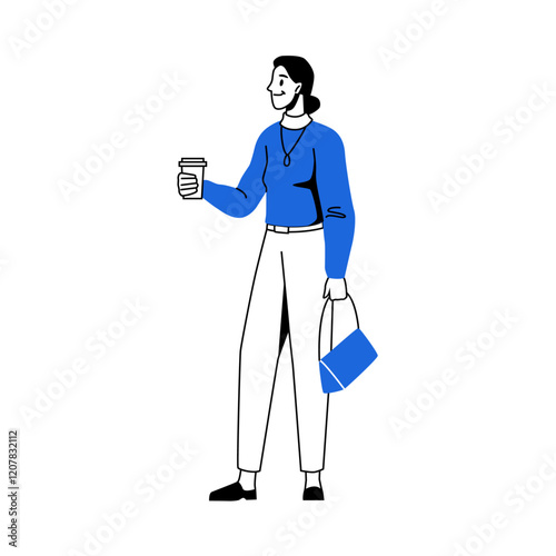 Walking female character holding cup of coffee and looking aside. Vector isolated strolling personage, elegant businesswoman with luxurious clothing and accessories. Modern girl on free time