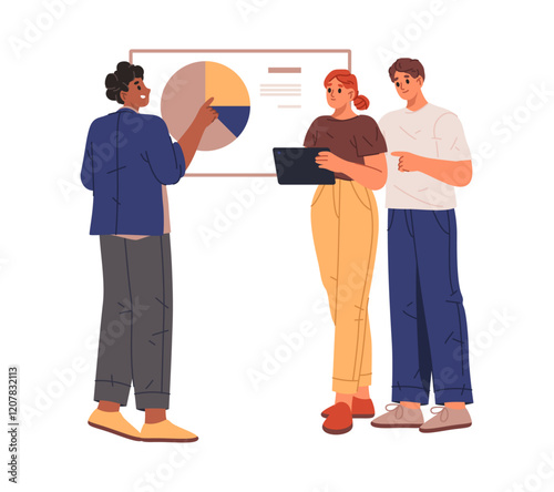 Employees working on project tasks. Vector isolated people showing presentation and thinking on possible business model success. Pitch or brainstorming, teamwork or consultation of specialist