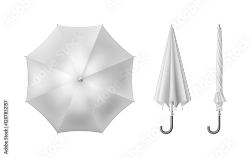 Realistic umbrella, isolated canopy in open and closed form. Vector isolated parasols with wooden curved or hook style handle. Functional and fashionable, ceremonial or decorative items