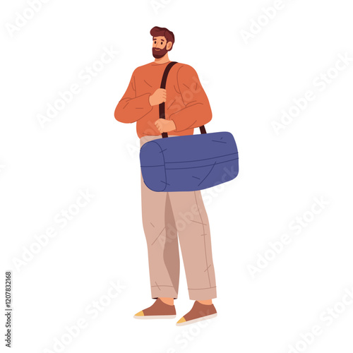 Traveling male character carrying baggage. Vector isolated man going in trip, passenger with personal belongings. Bearded guy with luggage, bag on shoulder. Commuting or going on business trip