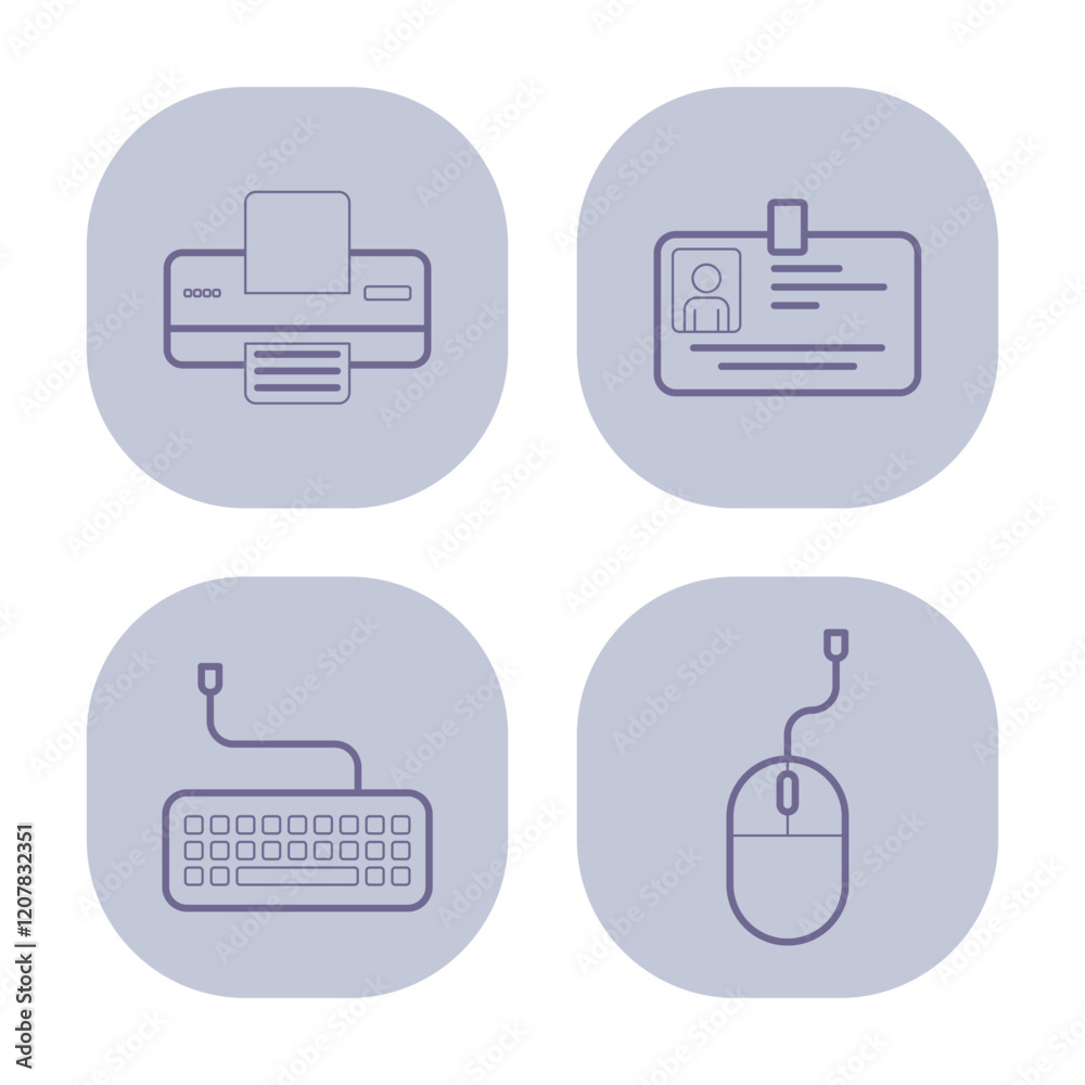 Collection of simple line icons depicting office equipment including printer, ID card, keyboard, and mouse. Ideal for business-related graphic design projects Collection of simple line icons depicting office equipment including printer, ID card, keyboard, and mouse. Ideal for business-related graphic design projects