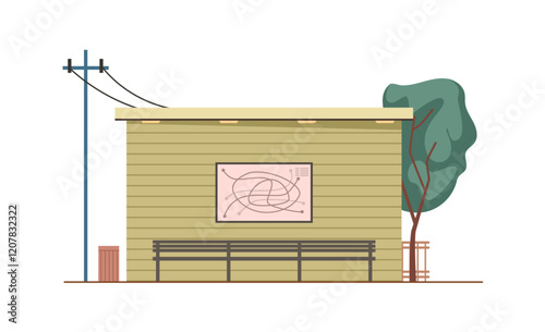 Bus or public transport stop or station with bench for sitting, board with route and arrival information. Vector commuting and traveling in city and town. Place for passengers to wait for vehicle