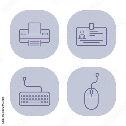 Collection of simple line icons depicting office equipment including printer, ID card, keyboard, and mouse. Ideal for business-related graphic design projects