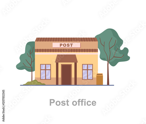 Post office, public facility and retailer that provides mail services. Vector flat cartoon style, isolated exterior of municipal building helping with correspondence and mailing assistance